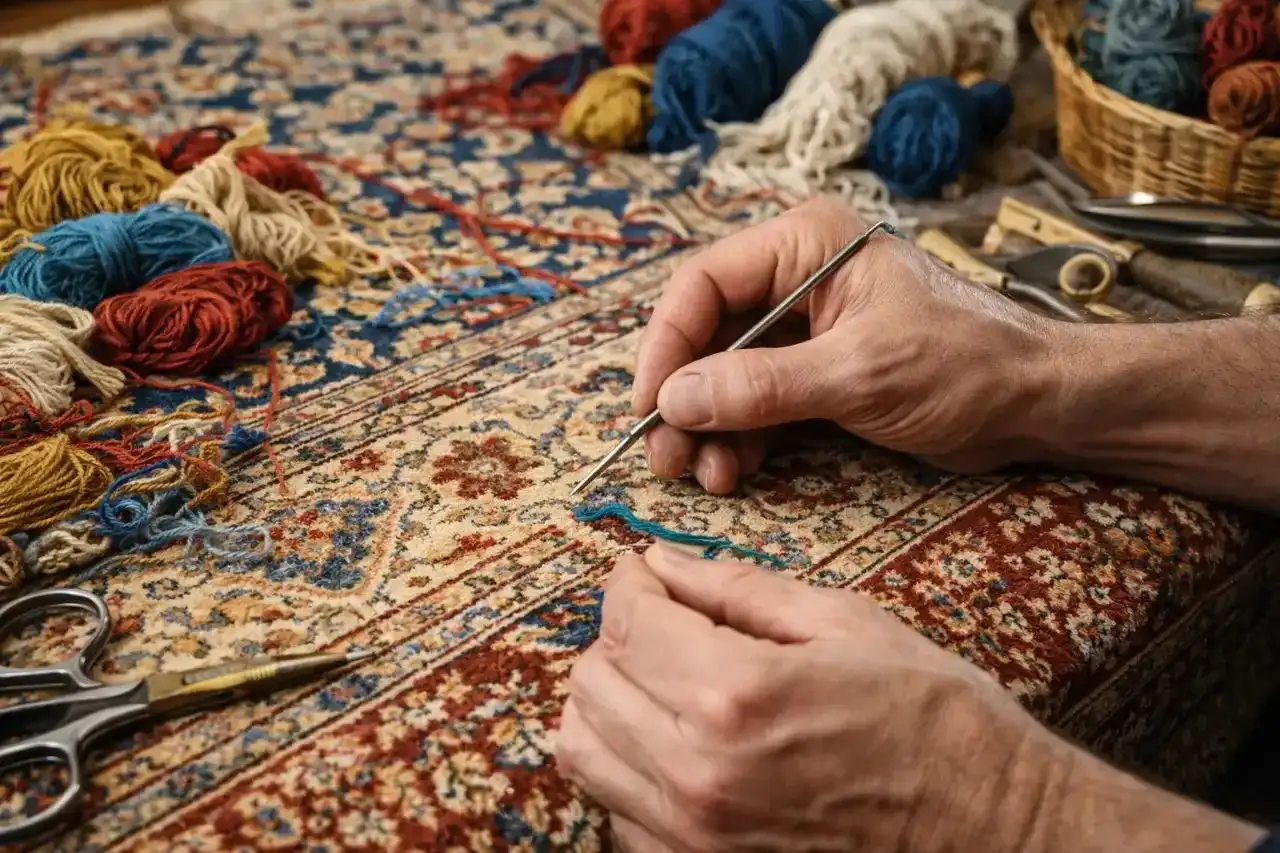 Nahaufnahme Hände eines Teppichrestaurators bei der Arbeit